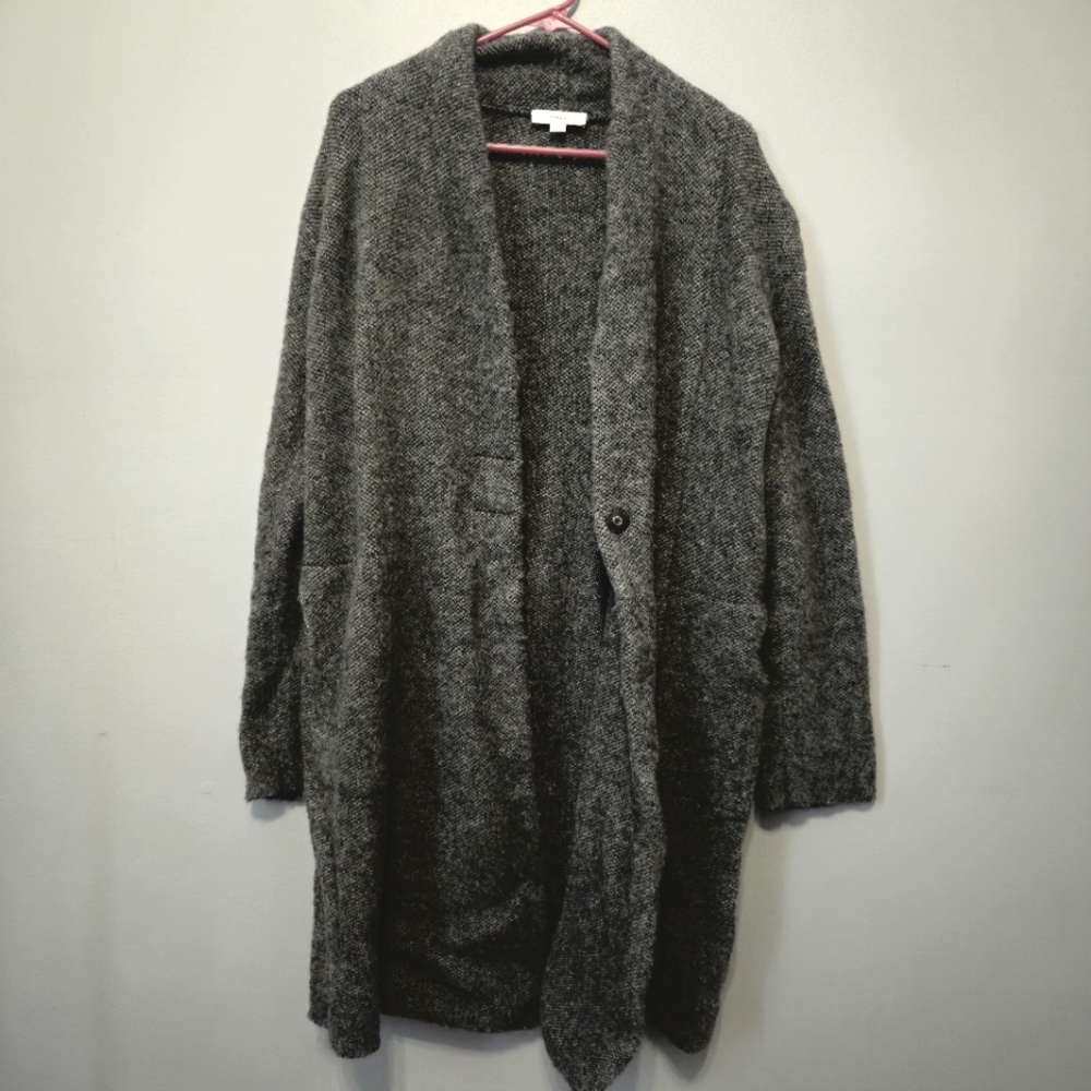 Vince long wool blend shawl collar cardigan sweater gray open with pockets
